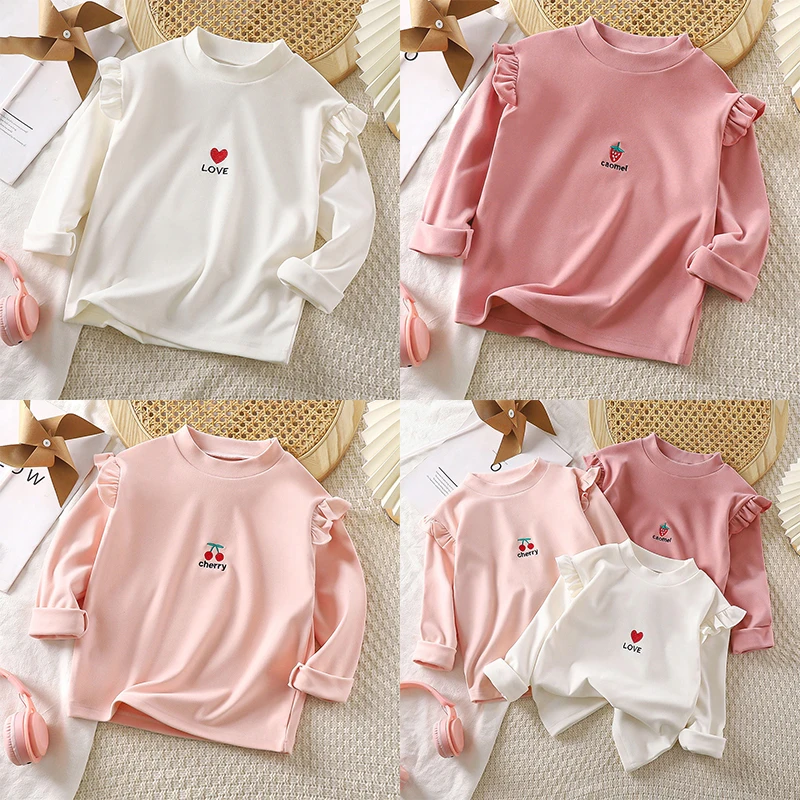 

Baby Girls Cute Backing Shirt Spring Autumn Kids Girls Long Sleeve Print T-Shirt Toddler Girls Soild Color Cotton Pullover Tops