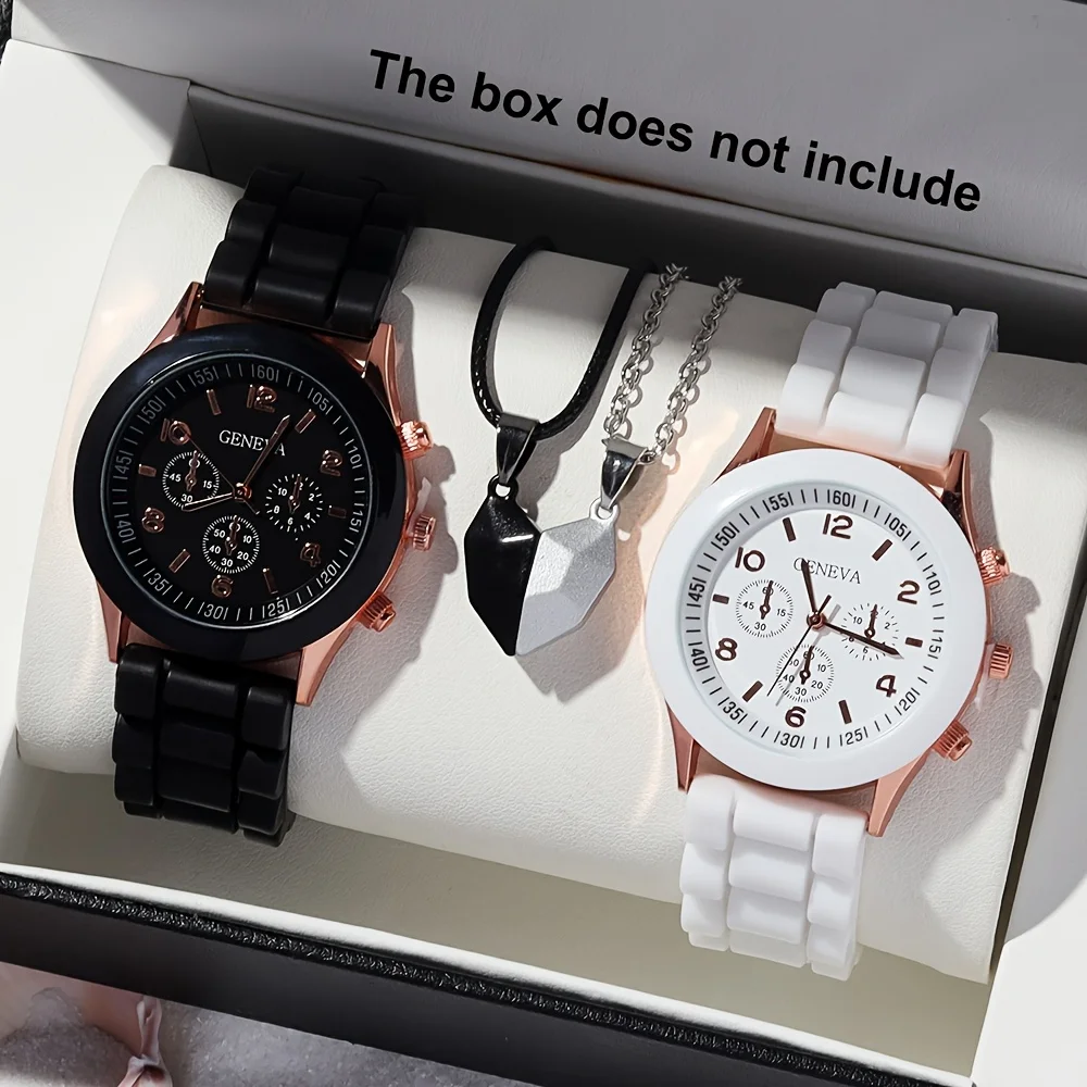 Couple quartz watch set with colorful heart-shaped magnetic necklace, personalized digital dial, and simple soft strap,