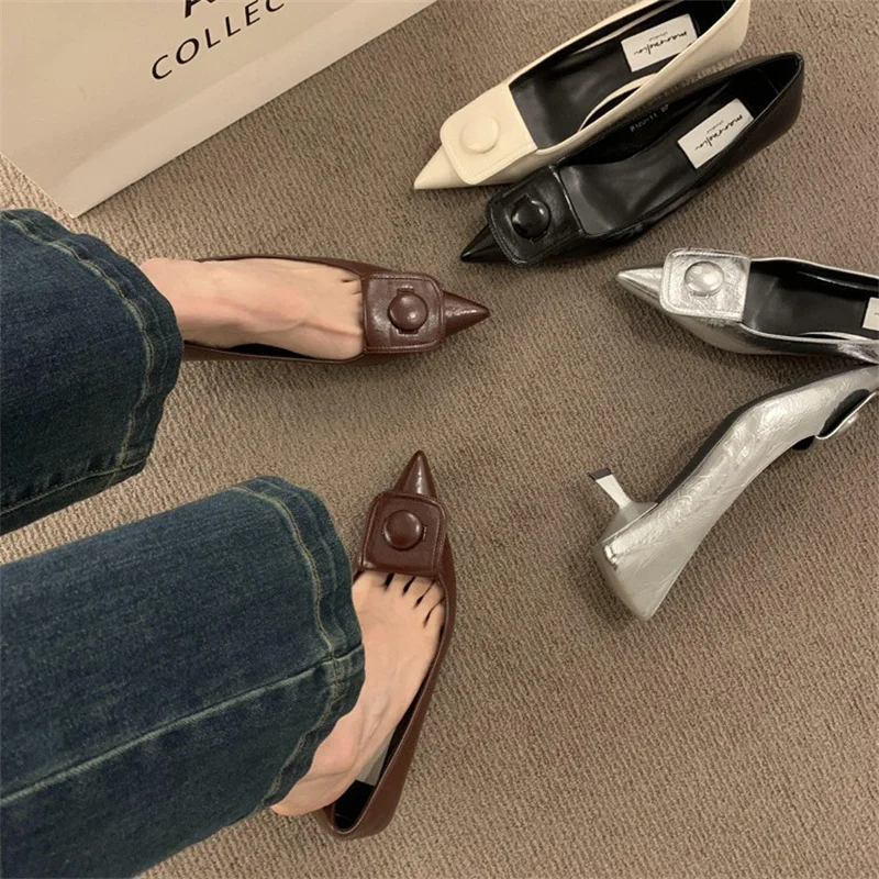 2024 New Kitten Heel Zapatillas Mujer Pointed Sandals Elegant Versatile Women Shoes Solid Button Decorative Chaussures Femme