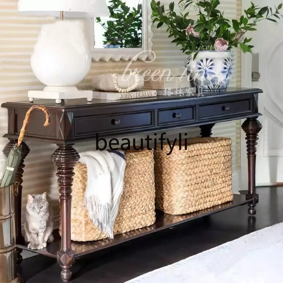 

American country solid wood entrance table retro living room long table decorative table6220