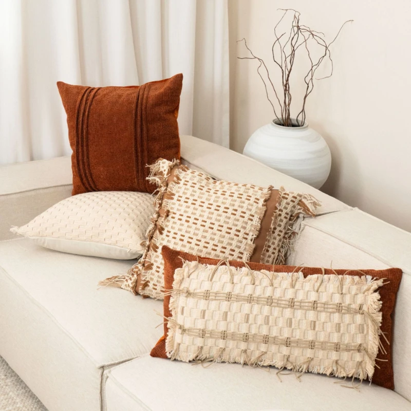 Mid Century Orange Brown Decorative Throw Pillow Covers for Living Room Sofa Bed Square Lumbar Pillow Set for Homestay Hotel