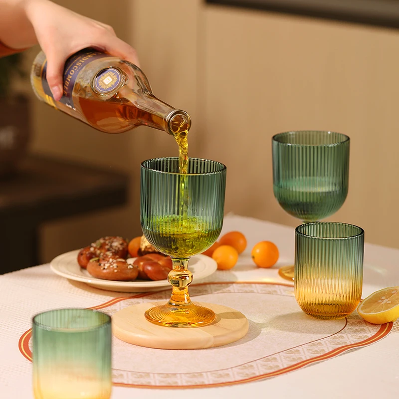 Yellow/green Vertical Ribbed High-footed Glass Cup Vintage Cup Wine Glass Household Water Cup Red Wine And Champagne Glass