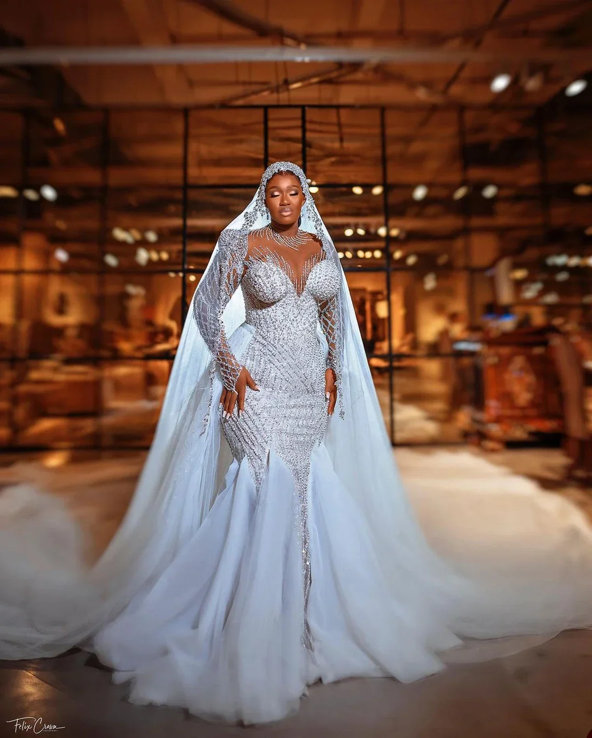 Ilusão personalizada alta pescoço contas completas lantejoulas sereia vestidos de casamento com overskirt de tule mangas completas vestido de noiva africano