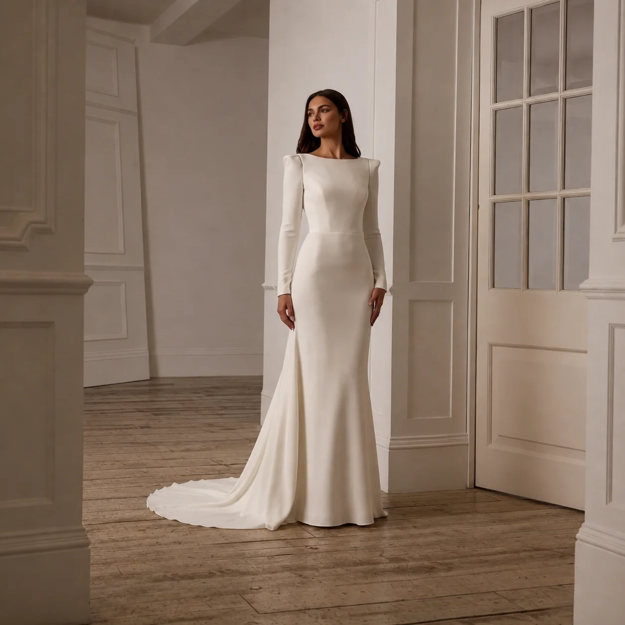 Long Sleeve Boat Neck Satin Mermaid Wedding Dress Open Back Pearl Buttons Minimal Chapel Train Custom Plus Size Vestido De Novia