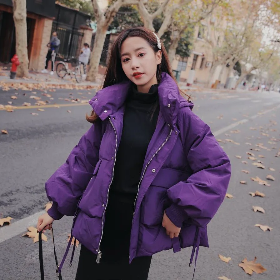 Winter Fashion Chic Vitality Purple Loose Bat Sleeves Hooded Cotton Jackets for Women Bread Style Short Fluffy Warm Padded Coat