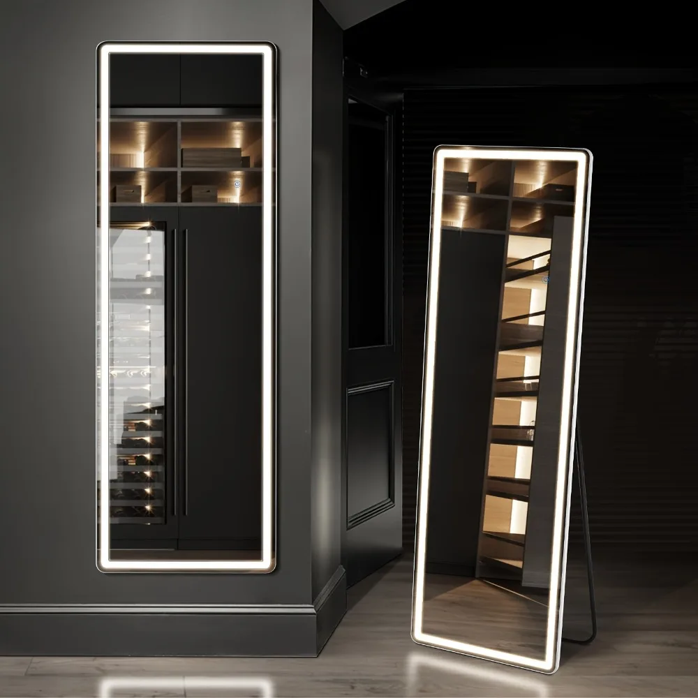 

Mirror Full Length Standing Mirror with LED Lights, Lighted Floor Mirror with Stand, W/ Dimming & 3 Color Lighting, Wall Mirror Full Length Aluminum Alloy Thin Frame, White