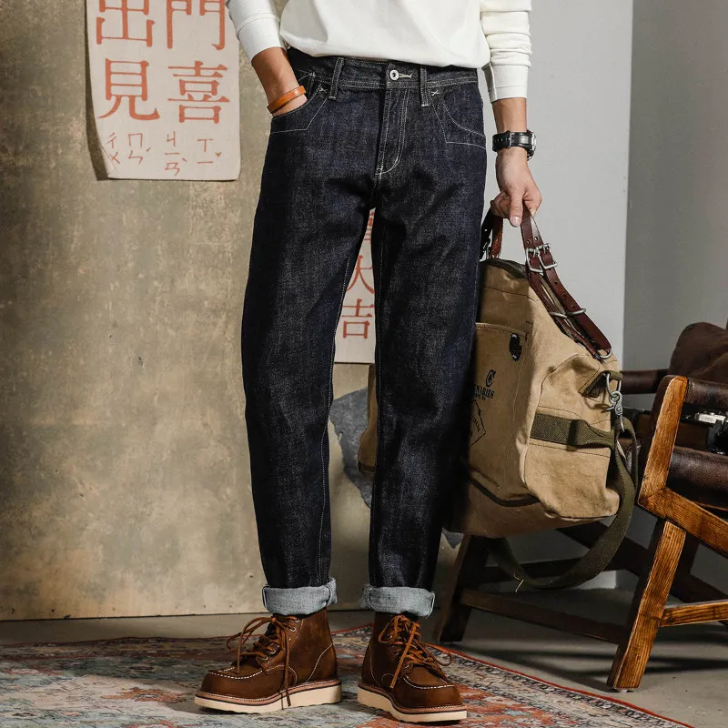 Vintage Men's 14oz Heavyweight Cotton Selvedge Raw Denim Jeans Straight Horsehide Leather Patch & Buckle Back Jeans Casual Pants