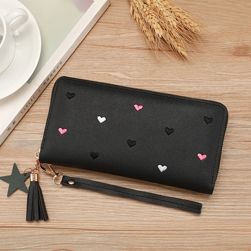 Women Long Wallets Purses Cute Love Heart Embroidery Wallets for Women Girl Money Pocket Card Holder Wallets Phone Clutch Bag