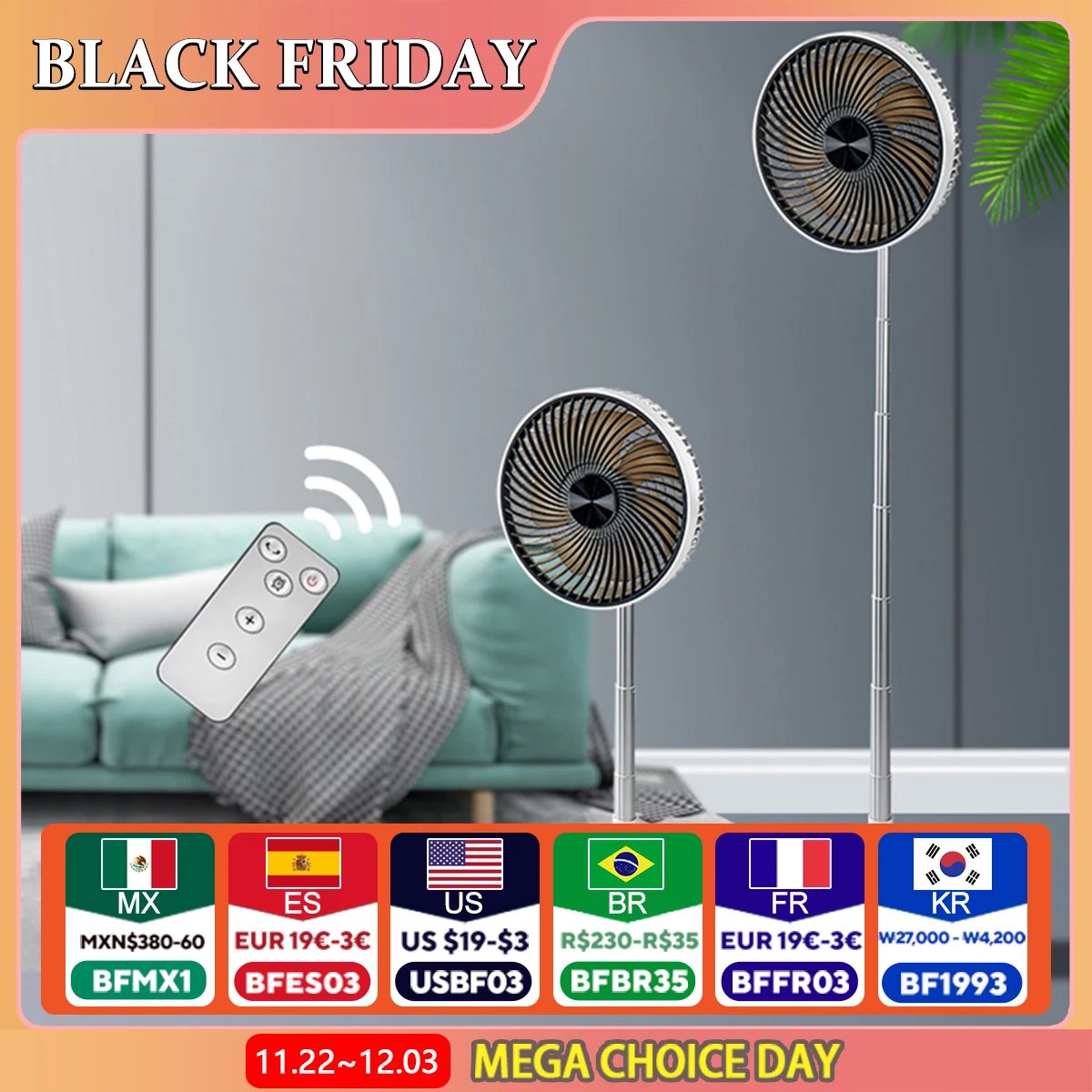 Portable Folding Fan 6000mAh USB Remote Control Air Cooler Silent Rechargeable Wireless Floor Standing Fan For Outdoor Home