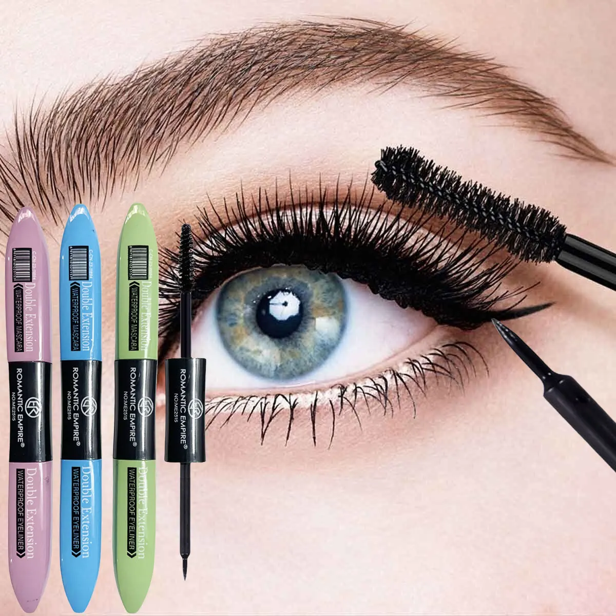 Rímel e delineador à prova d'água 2 em 1, fórmula de longa duração e à prova de manchas para olhos negrito e definidos, perfeito para festivais de música