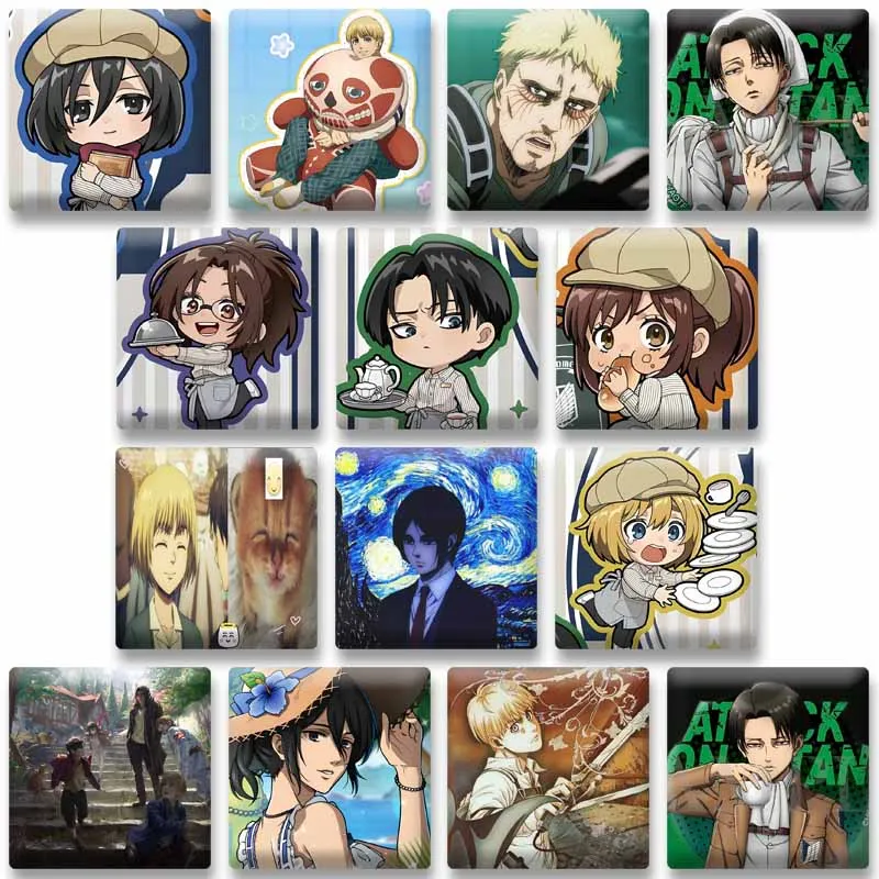 Cute Attack on Titan Anime Square Pins Cartoon Character Lapel Badge Handmade Eren Yeager Brooch on Backpack Jewelry Accessory