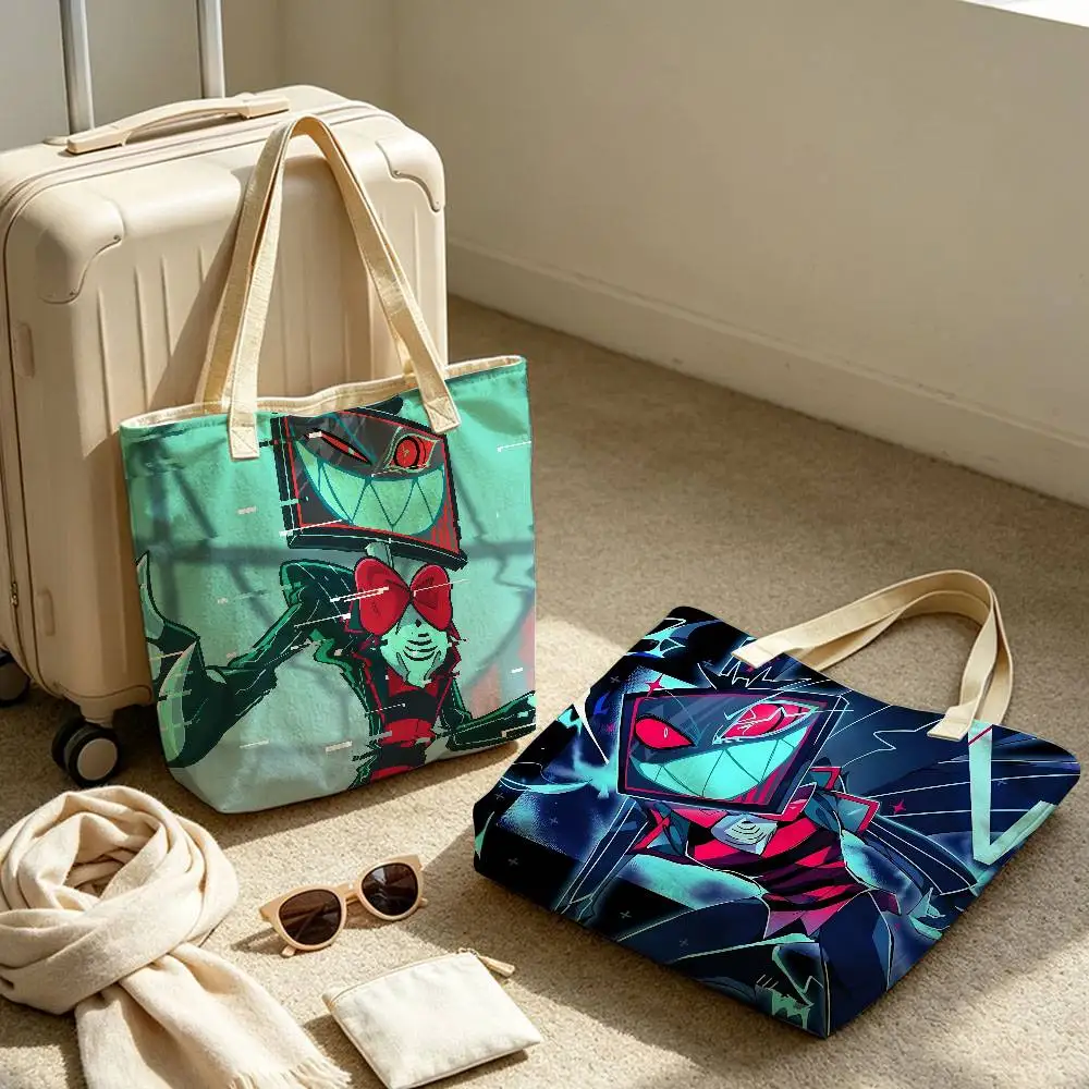 Vox Hazbin Hotel Anime Linen Blend Cotton‑Polyester Shoulder Tote Bag Reusable Eco‑Friendly Handbag Storage Shopping Daily