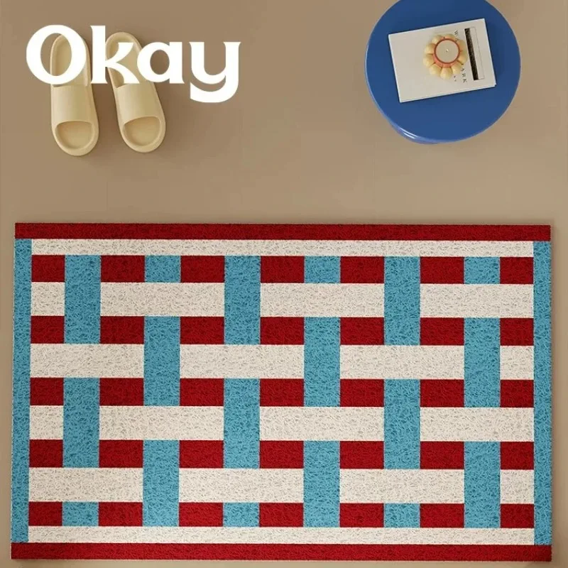 Red Blue Geometric Plaid PVC Coil Doormat Cuttable Anti Slip Entrance Floor Mat Household Dust Removal Front Door Foot Mat