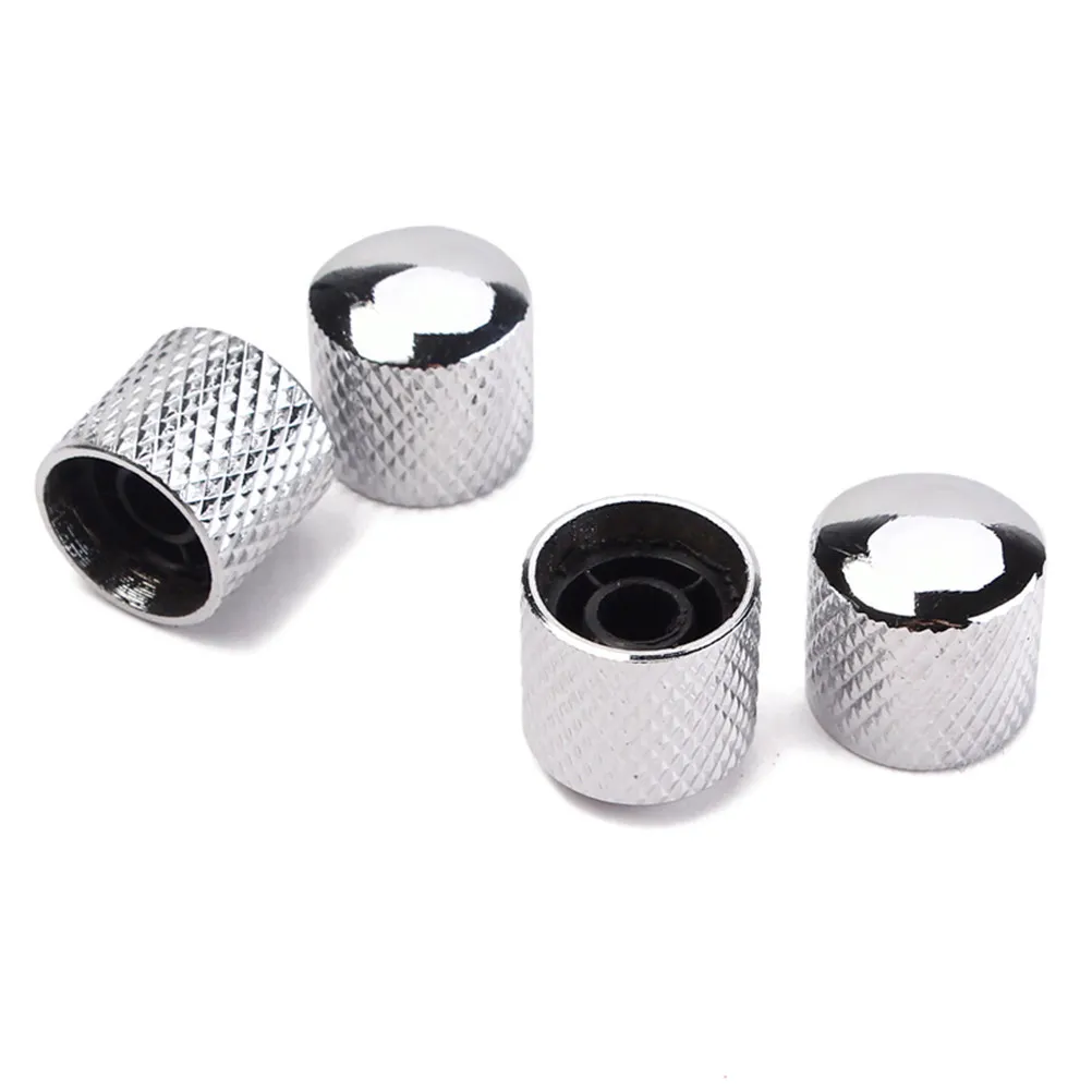 4Pcs Metal Guitar Bass Dome Knobs Chrome Hollow Shaft Screw Tone Volume Control Replacement Fit Solid Shaft Potentiometers