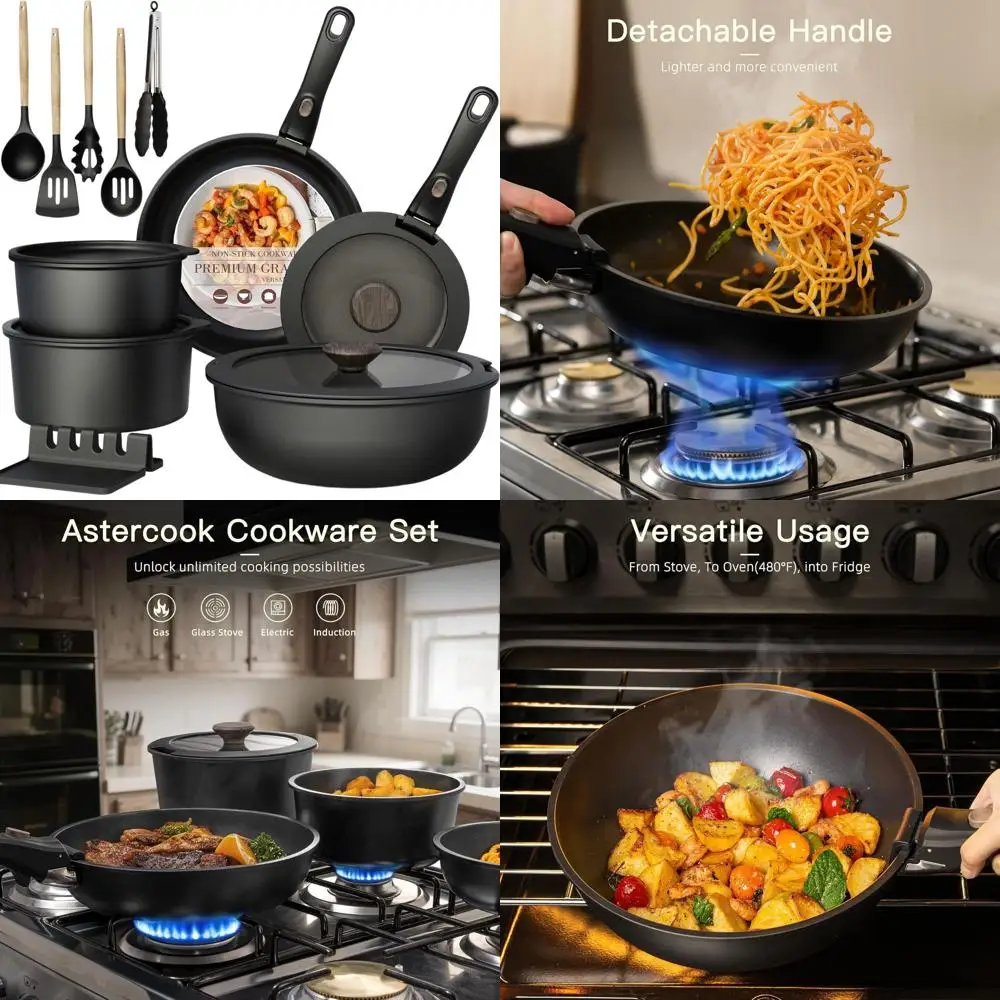 

Ceramic RV Non-Stick Cookware Set, 21-Piece, Detachable Handle, Oven-Safe, Induction-Compatible, Stackable, Black