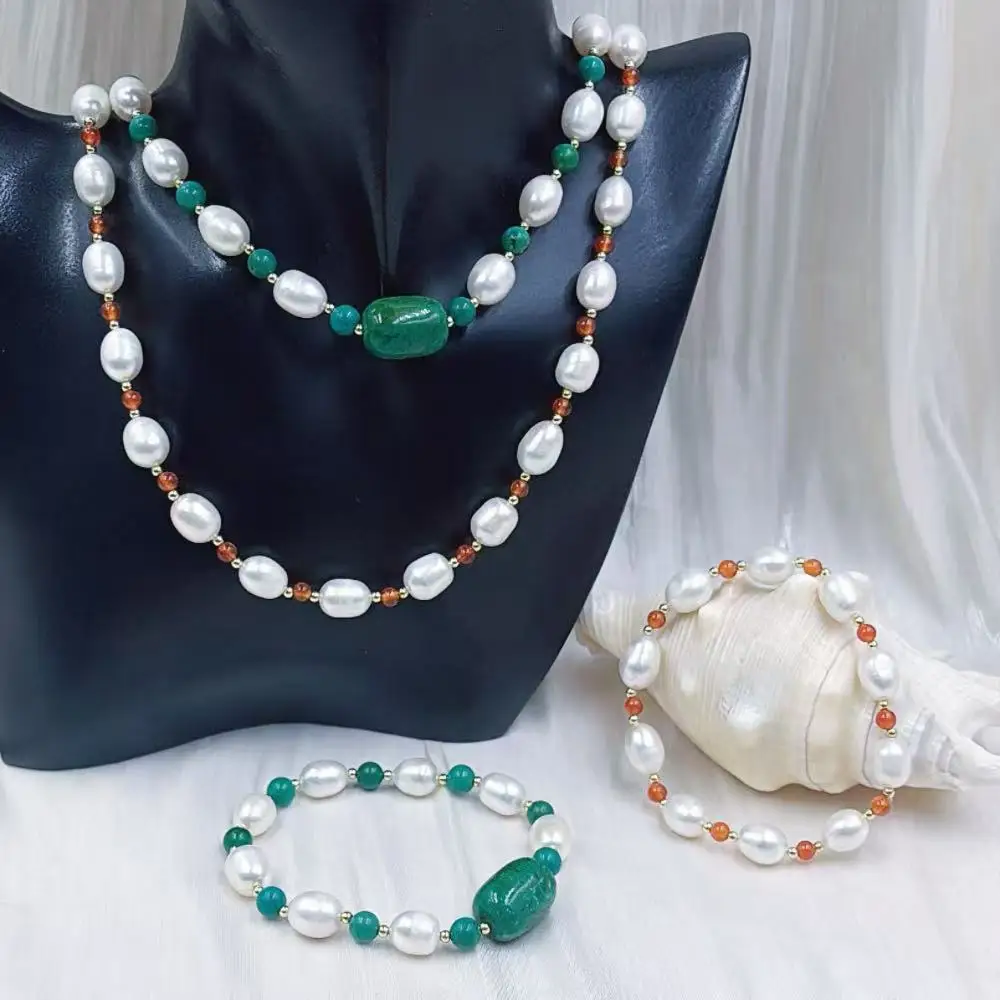 2 Style Red Aagte Green Turquoise Natural Freshwater Elastic Bracelet Pearl Necklace Girlfriend Jewelry Set 18inch 7inch