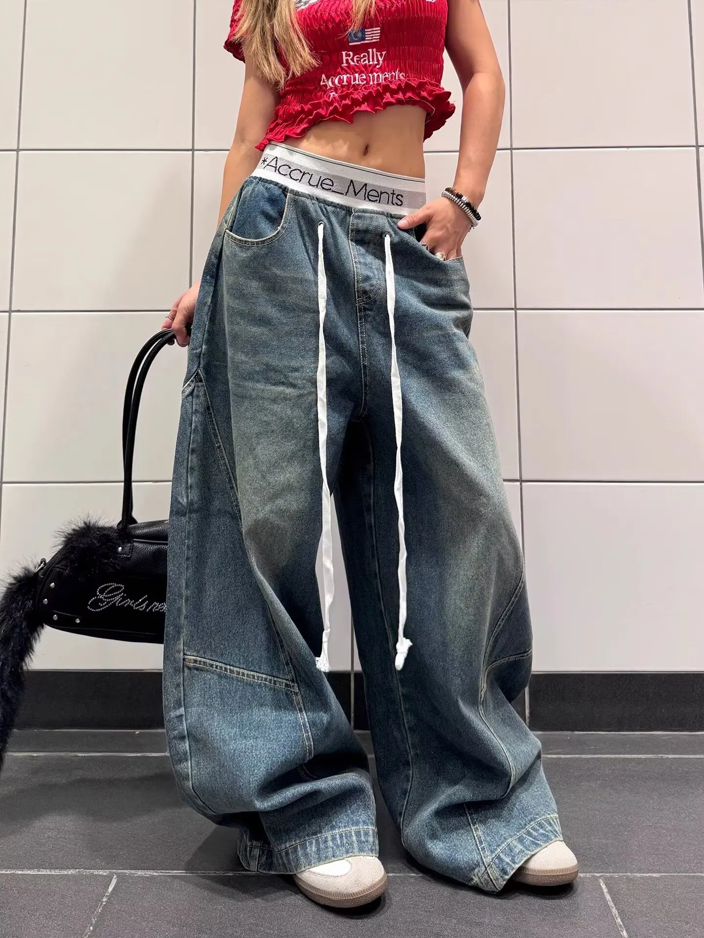 

Plus Size Women's Clothing Drawstring Loose Jeans Vintage Aesthetic Y2K Wide Leg Emo Washed Pants Women Punk Baggy Denim Trouser