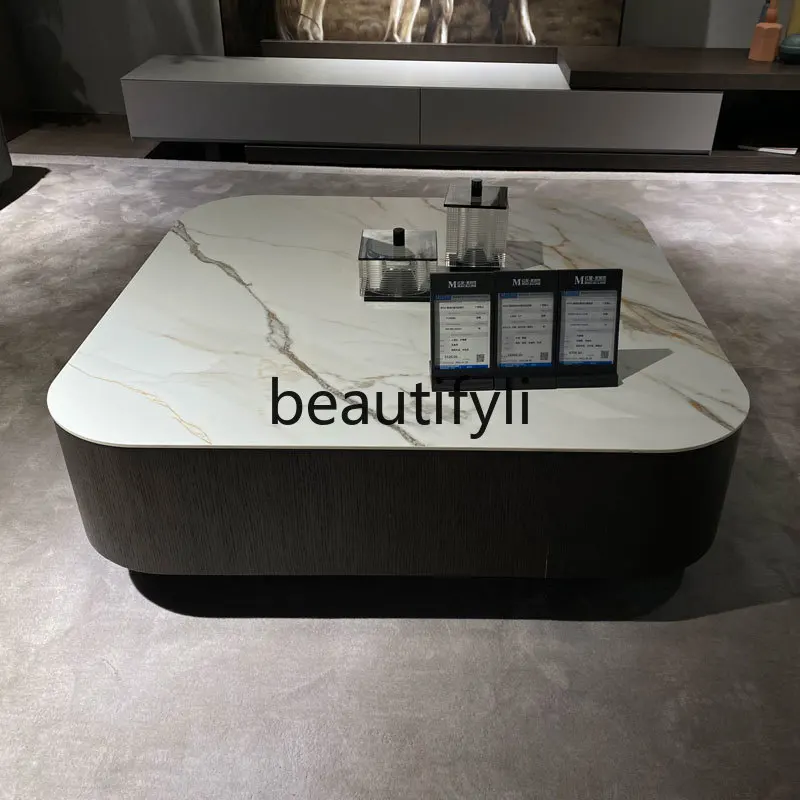 

Light luxury modern simple rounded marble countertop coffee table storage drawer furniture