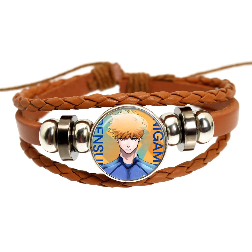 BlUE LOCK Anime Cosplay Brown Leather Bangle Isagi Yoichi Chigiri Bachira Glass Cabochon Leather Bracelet For Gift To Friends