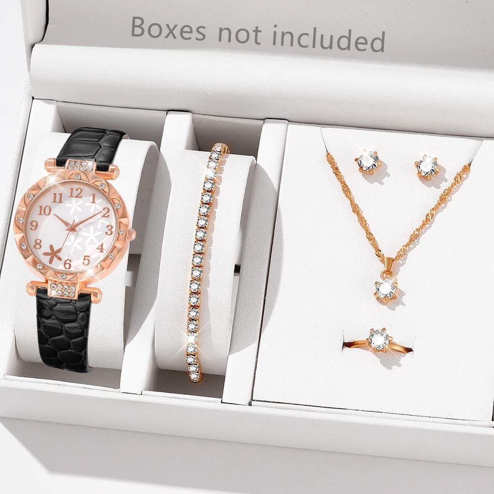 

5PCS/Set Women's Fashionable Casual Light Luxury Leather Strap Quartz Watch White Starfish Dial Watch Girl's Gift Box Free