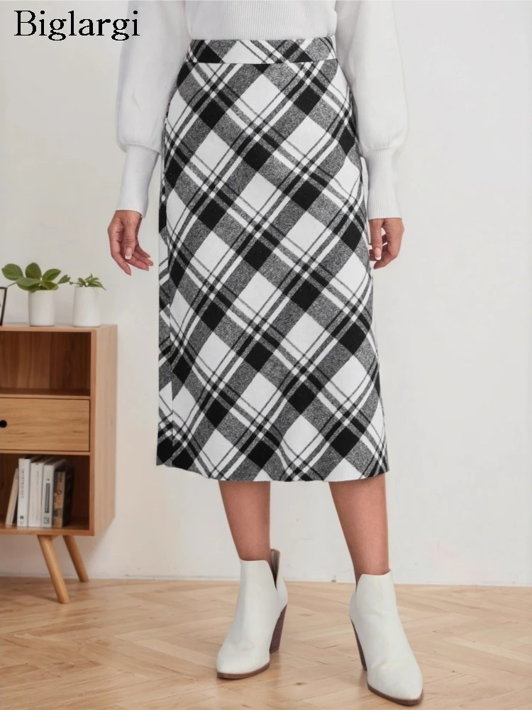

Autumn Winter Midi Skirt Women Plaid Print Fashion Ladies Skirts High Waist Korean Style Loose Woman Skirt