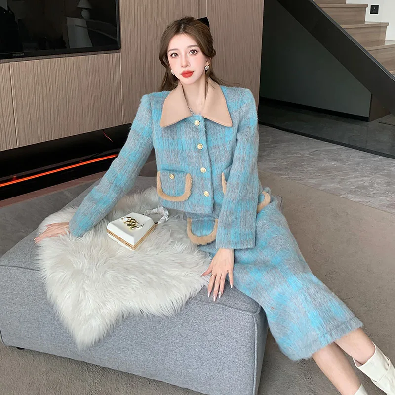 Fall Winter Women Small Fragrance Two Piece Sets Turn-down Collar Blazers Crop Coat And Pencil Skirts High Street Woolen Outfits