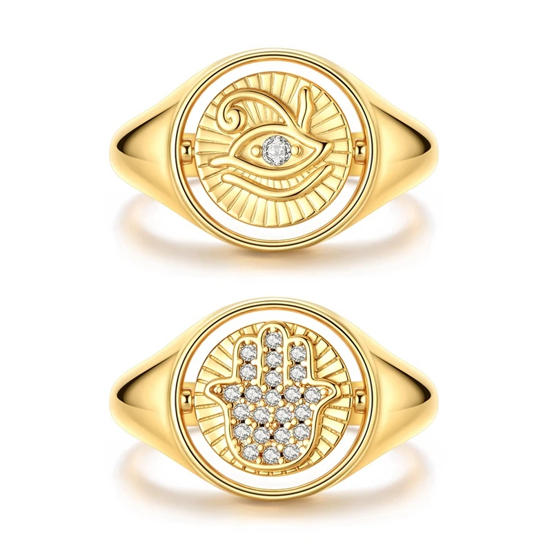 925 Sterling Silver Rotatable Signet Ring 2 Sided Hamsa Hand & Evil Eye Flip Ring Sparkly Talisman Ring Women Jewelry Gift