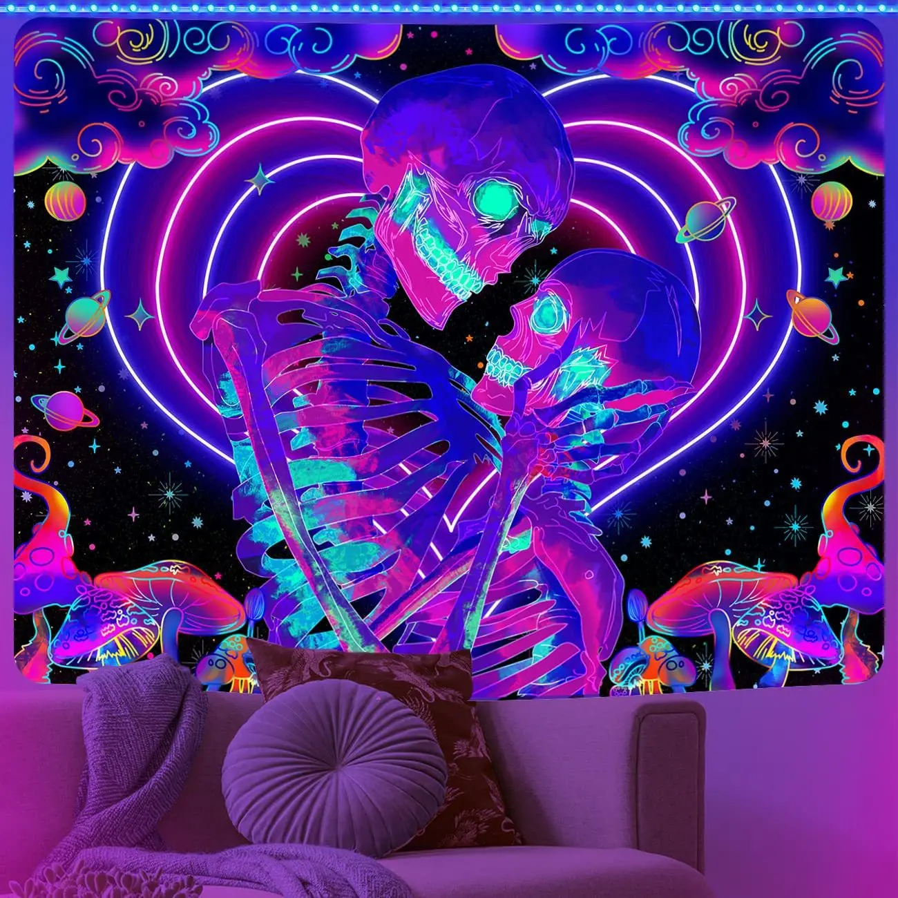 Black light Tapestry UV Reactive Psychedelic Skull Mushroom Wall Hanging Hippie Tapestry for Bedroom Dorm Tarot Room Decor