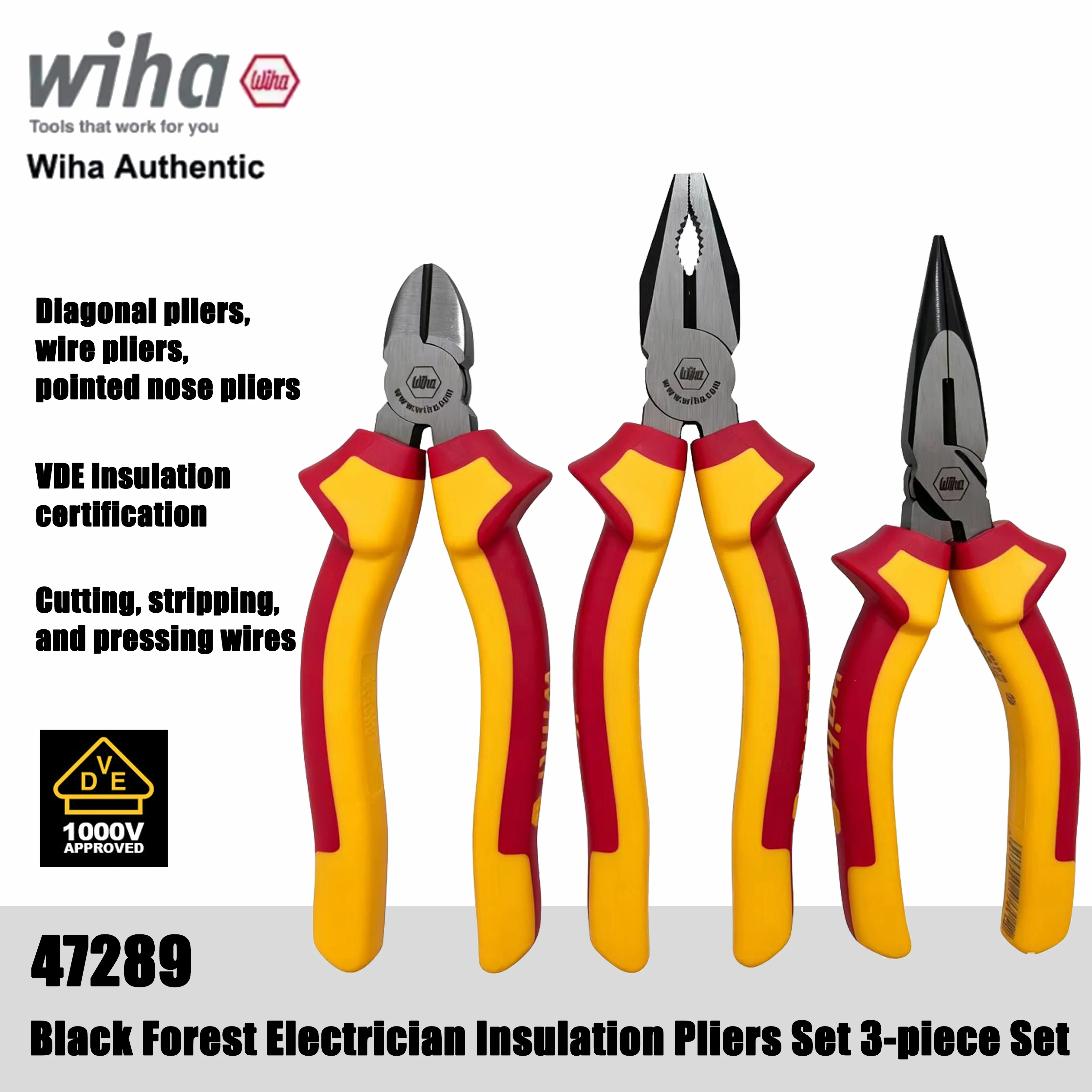 Wiha 3-piece set of insulated pliers, professional electrical tools, wire pliers, pointed pliers, diagonal pliers 47289