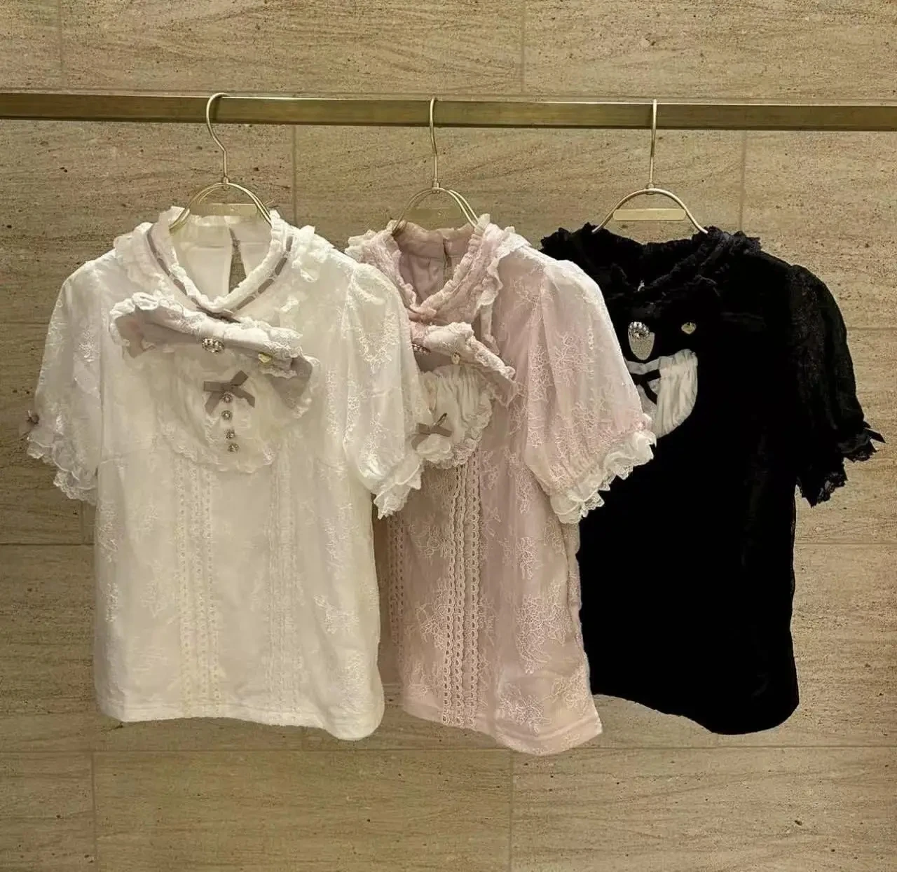 

Japanese High Quality Short Sleeve Women Lace Shirts Diamonds Beading Bow Hollow Out Lolita Tops Elegant Princess Casual Blouses