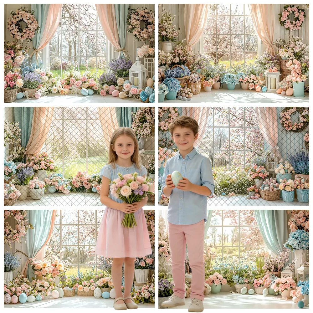 

Spring Easter Photography Background Curtains Window Colorful Floral Eggs Kids Birthday Portrait Decor Backdrop Photo Studio