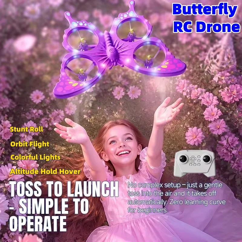 Butterfly RC Drone Toss to Launch Colorful Lights Altitude Hold Hover Orbit Flight Remote Controlled Aircraft RC Quadcopter Toys