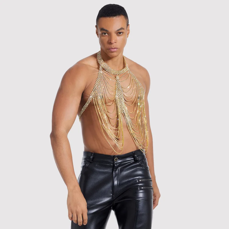 European and American Cross-Border Men's Body Chain Wearable Chain Hollow Sexy gold silver Necklace Nightclub Personality Access