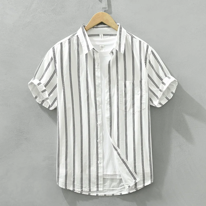 

Summer Vintage Ice Silk Stripe mid Sve Casual irt Thin Flip Collar Men's Jaet Loose Fit ort Sve Busin irt