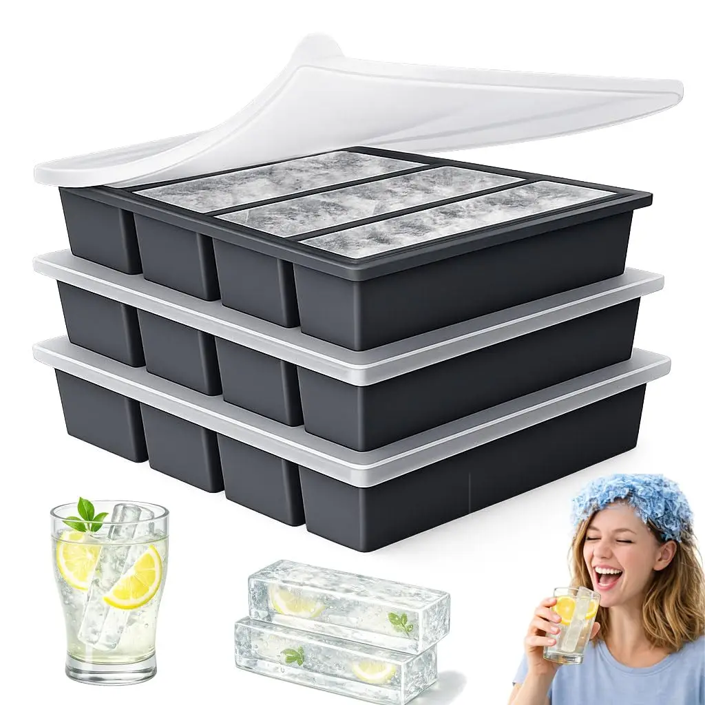 4 Grids Silicone Freezer Tray Large Long Strip Ice Cube Tray with Lid Durable Easy-Release Soup Portion Freeze Trays Ice Mold