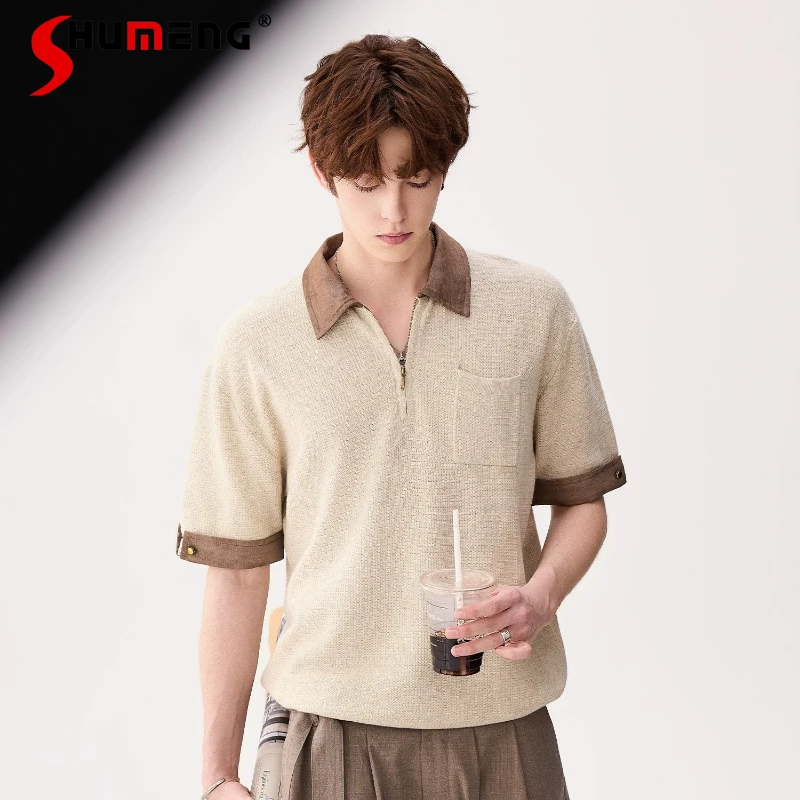 

Men's Spring 2026 New High-end T-Shirts Denim Splicing Polo Knitted Short Sleeve Tees Male Handsome Simple Color Matching Tops