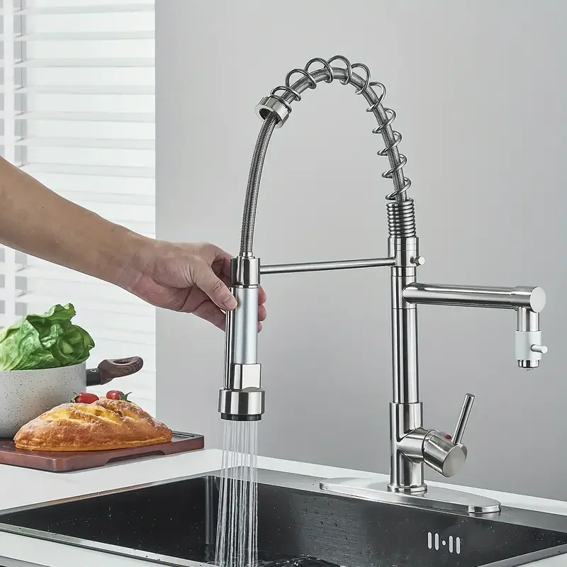 Brushed Nickel Kitchen Sink Faucet Pull Down Spray Tap W/Plate High-pressure nozzles provide powerful, high-volume spray