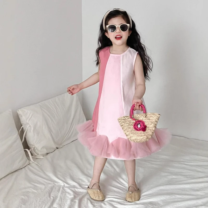 

Лето 202, розовое трехцветное платье принцессы с градиентом для девочек, сетчатая юбка без рукавов, милый уникальный дизайн, детская одежда для малышей