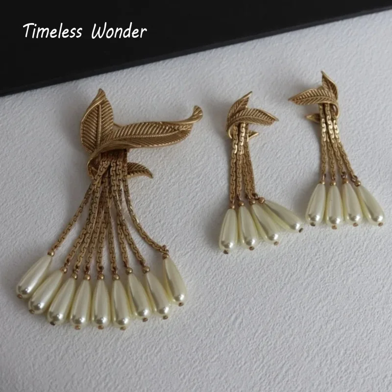 Timeless Wonder Retro Leaf Glass Beaded Tassel Brooch Pins for Women Designer Jewelry Runway Rare Luxury Gift Cute Top Mix 5385