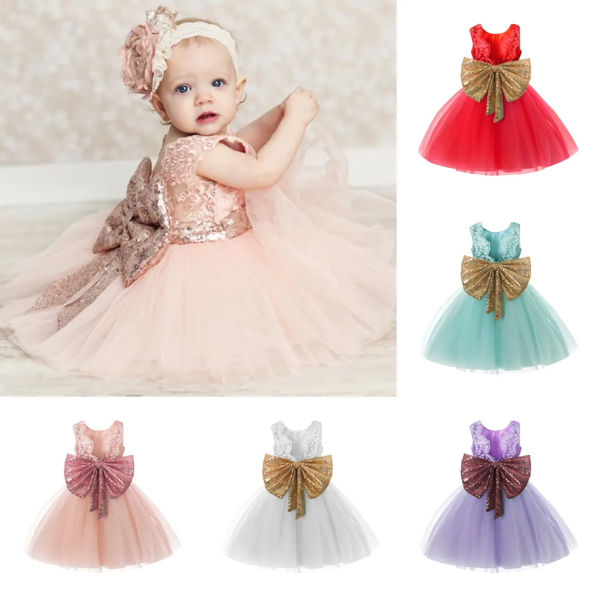 Baby & Young Girls Kids Wedding Flower Girl Dress Princess Party Pageant Formal Dress Back Bow Sleeveless Lace Tulle Dress DS19