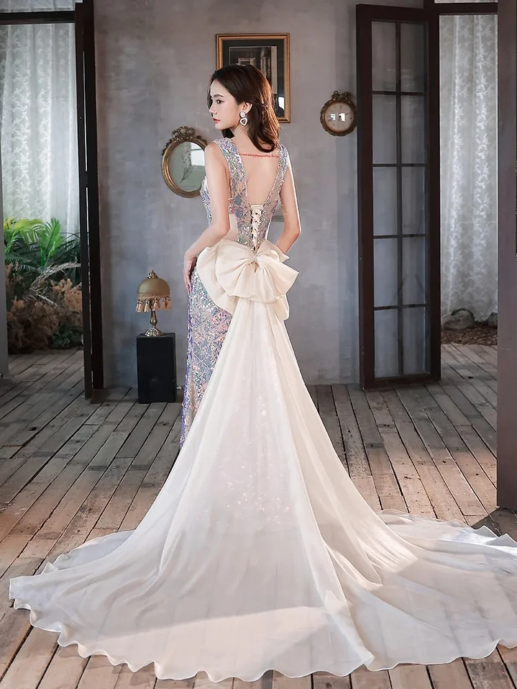 Sequined adult high-end custom-made heavy industry light luxury niche host banquet dress