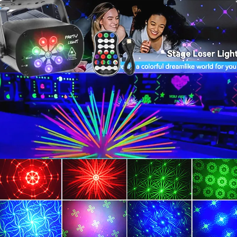 DJ Light, Disco Party Light, USB-Powered 6/8-Hole Pattern + Strobe + UV Projection Light, Home Party Decoration Atmosphere Light