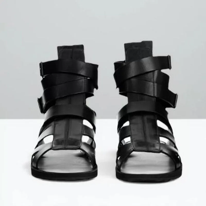 New Black Genuine Leather Round Open Toe High Top Flat Sandals Roman Style Man Hollow Buckle Strap Leisure Flat Sandals Shoes