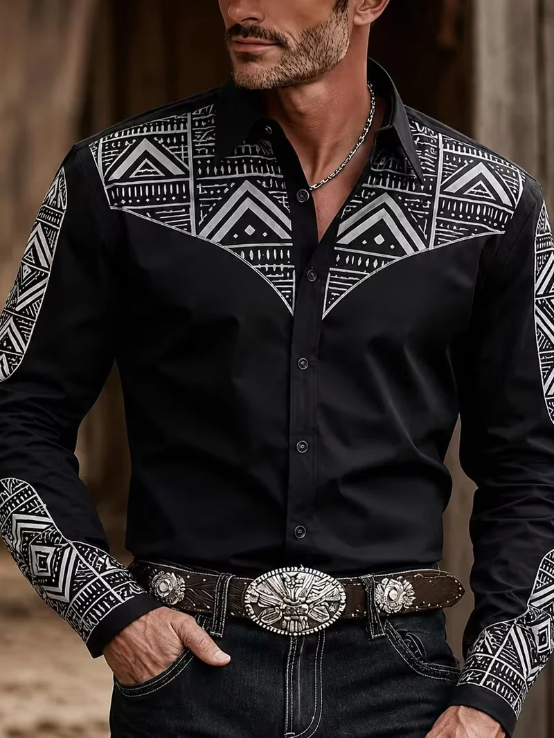 New Men's Golden Iris Baroque Vine Composite Printed Long Sleeve Shirt Smooth High Gloss Satin Collar Top
