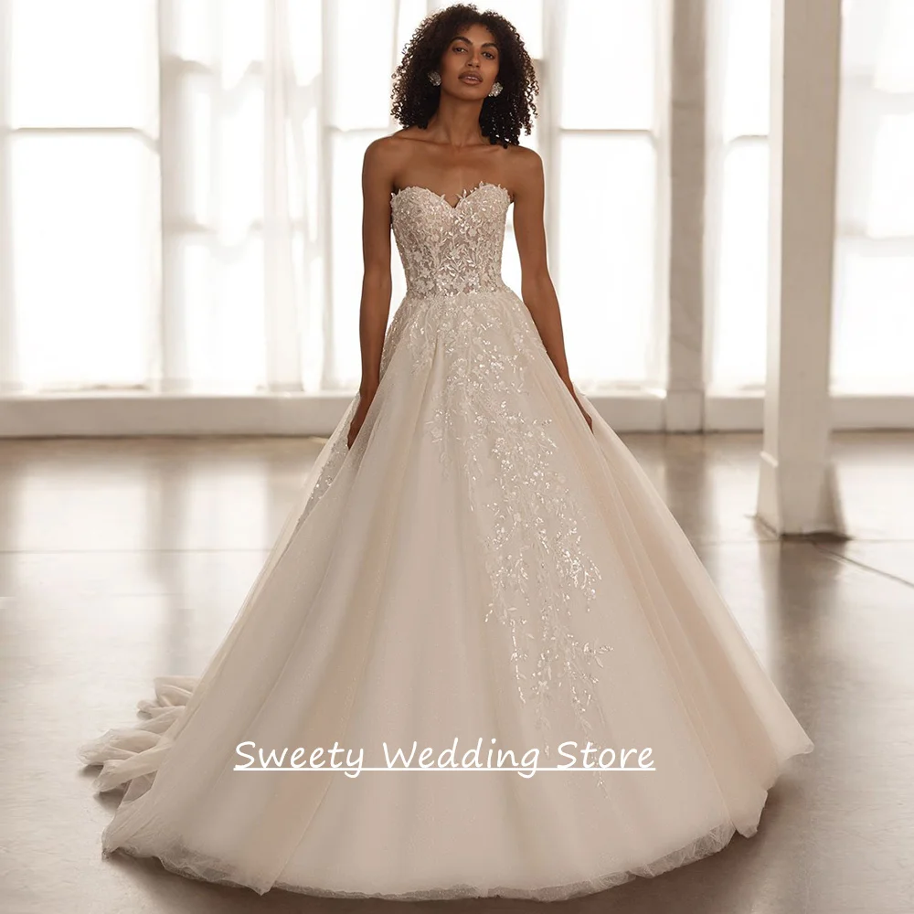 Abito da sposa scintillante con abito da ballo personalizzato maniche a sbuffo staccabili Sweetheart Sweep Train Corsetto Abiti da sposa da sposa