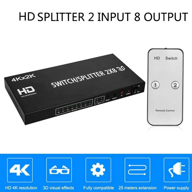 

4K 2x8 Splitter for HDMI 2x2 Switcher 1 to 8 Screen Mirror Video Selector 2x4 Converter with Remote for HDTV PC Projector