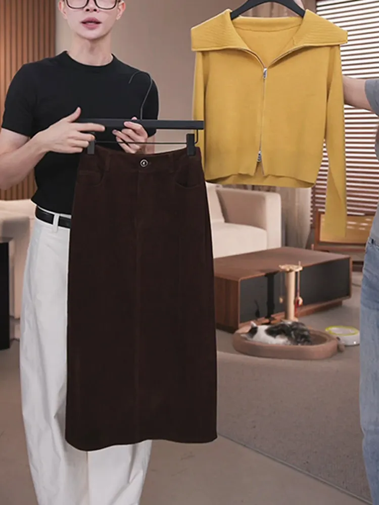 

Весенний женский модный комплект 2026: топ с воротником на молнии и длинным рукавом, юбка с высокой талией, костюм-двойка, дышащий, повседневный стиль