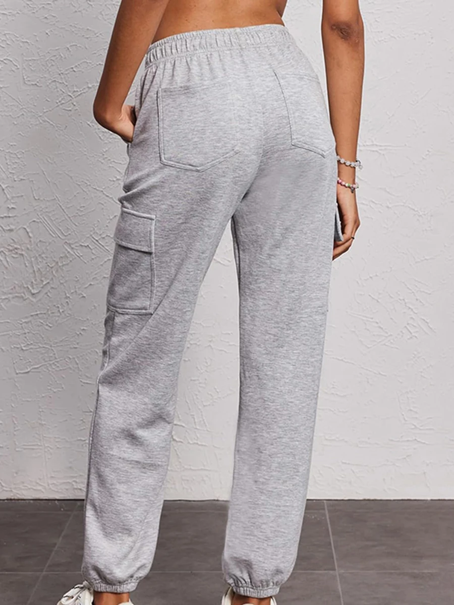 Women s Spring Summer Sports Pants Solid Color Drawstring Waist Jogger Pants with Pockets