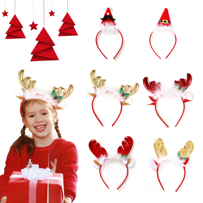 1pc New Years Christmas Hair Hoop Xmas Elk Horn Bell Sequin Headband Merry Christmas Decoration Party Festival Supplies Gifts