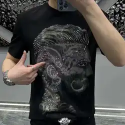 Summer Men's Fashionable Short Sleeve T-shirt Personalized Print Hot Diamond Trend Fashion American Casual Short Sleeve Bottom